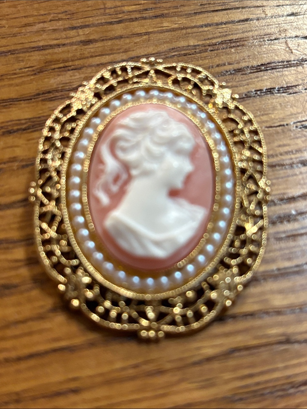 Gold-Tone Cameo Brooch with Pink and White Profile